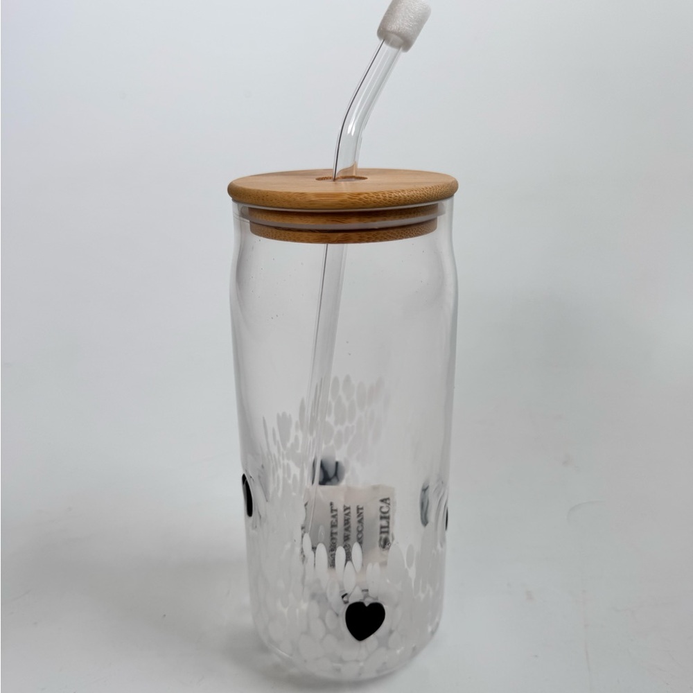 NWT Set of 2 Glass Icon Large Glass Tumblers wood Lid and Glass Straw 7”H x 3”W - Picture 7 of 10